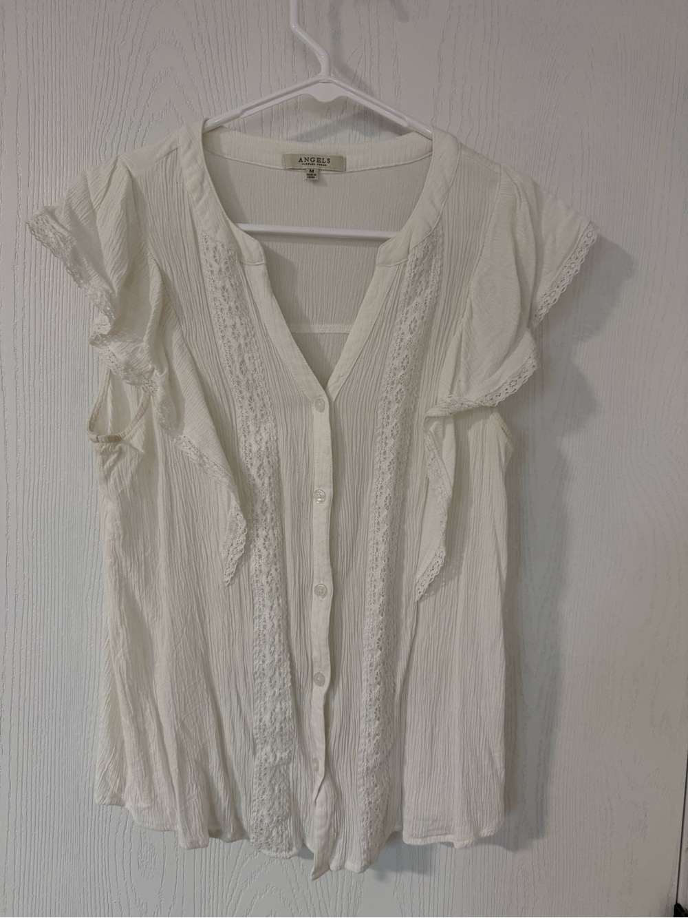 Angels Cream Lace-Trim Flutter Sleeve Blouse